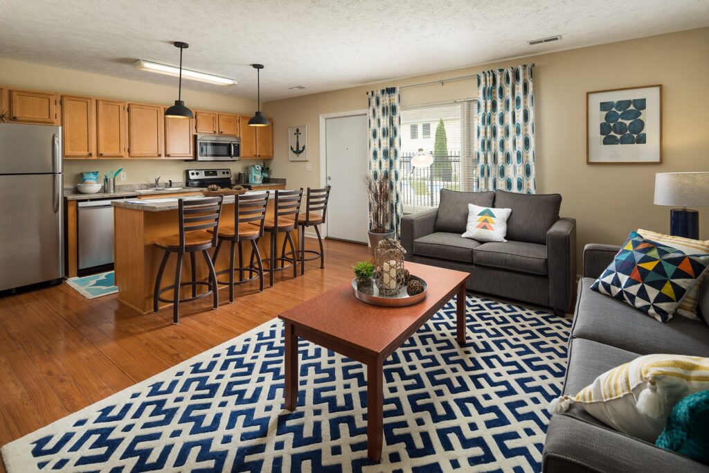 Living, dining, and kitchen area