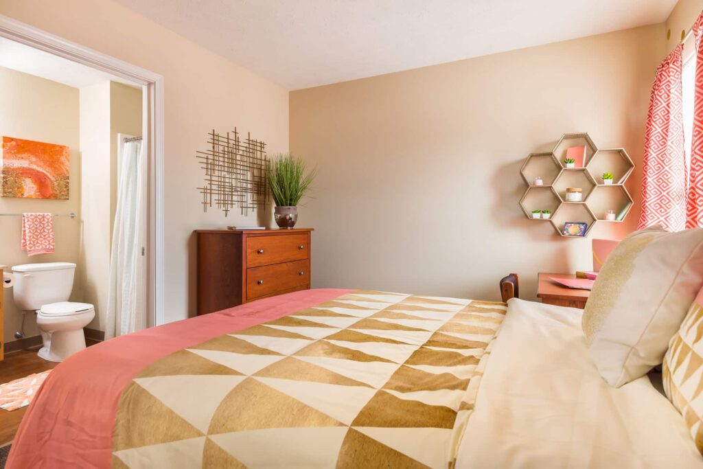 Bedroom and decor with bathroom to the left