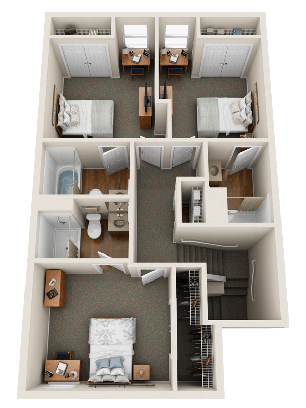 Floorplan with 3 bedrooms all with private bathrooms