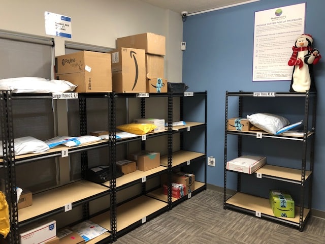 Mail room with shelves