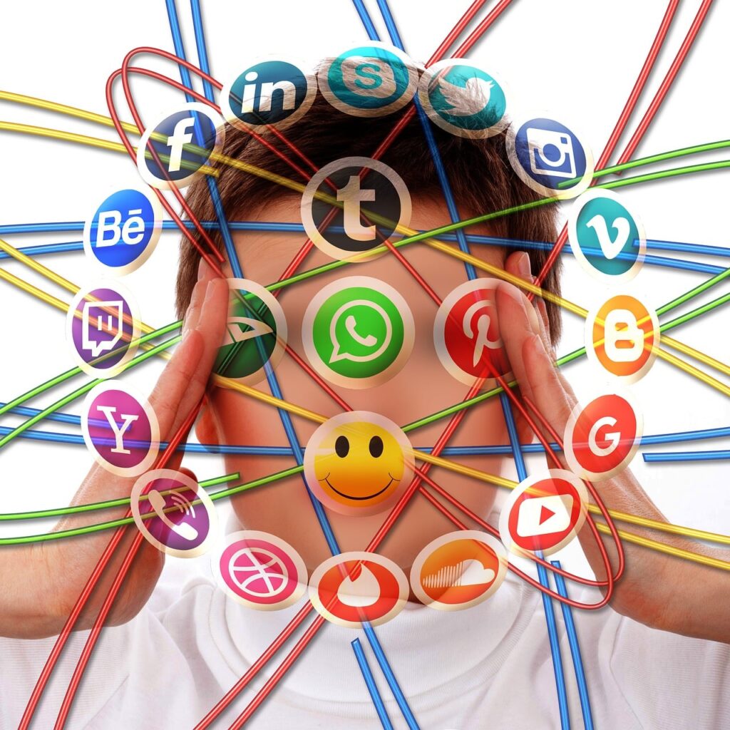 Social media icons surrounding person's head